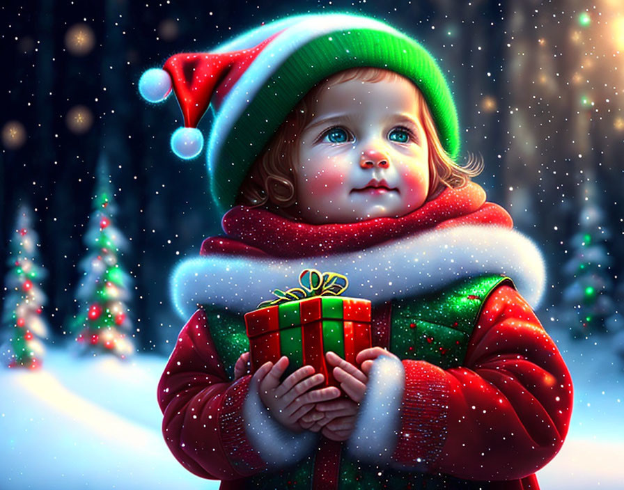 Festive toddler with Santa hat holding gift in snowy Christmas scene