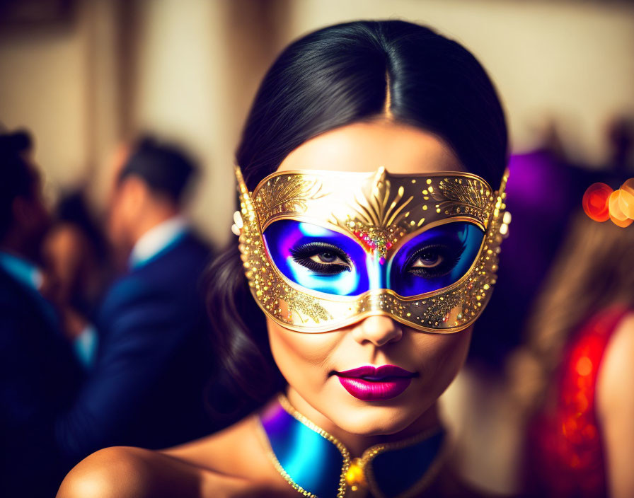 Woman in golden mask with purple eye shadow at masquerade ball surrounded by people