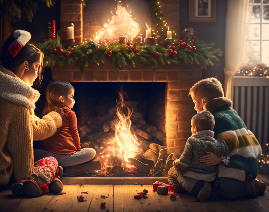 Family of Four Enjoying Festive Fireplace Scene