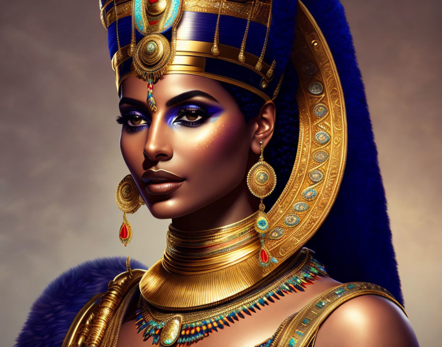 Digital Artwork: Egyptian Queen with Decorated Headdress and Golden Jewelry