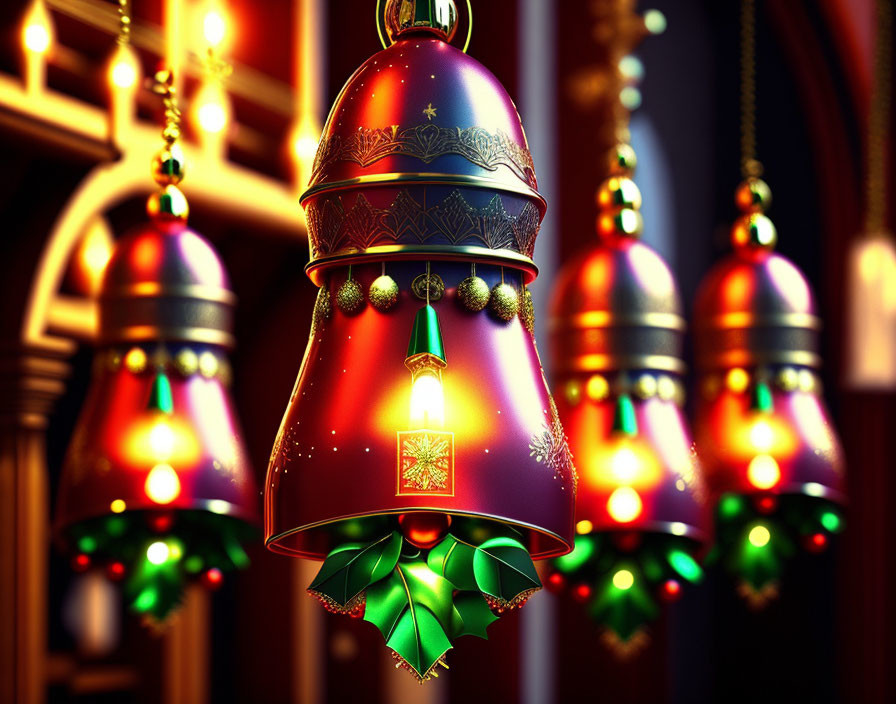 Vibrant Christmas bells with glowing lights and holly leaves on festive background