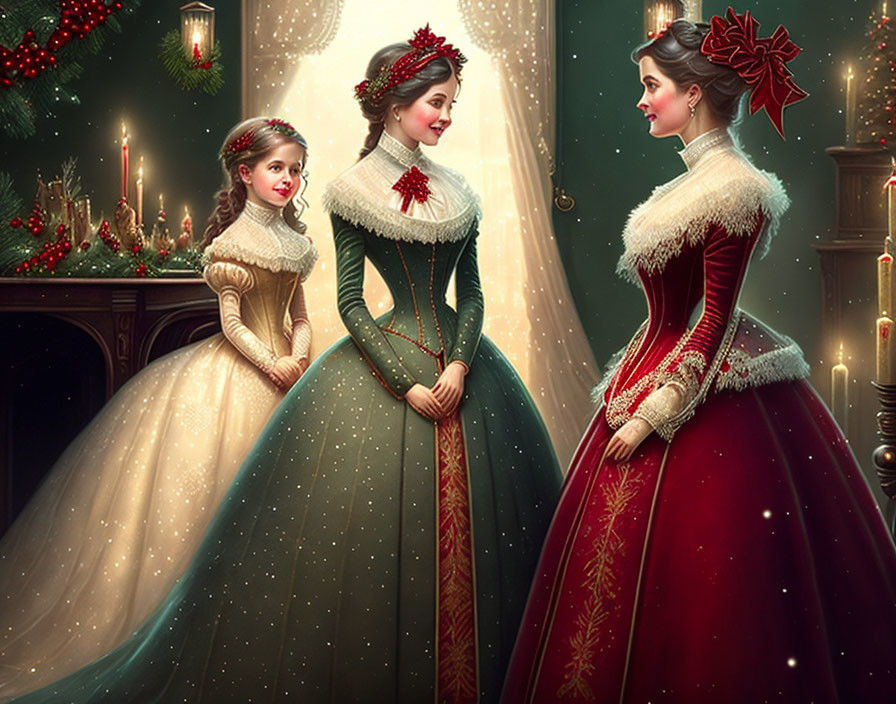 Victorian-era women in holiday-themed dresses in festive room