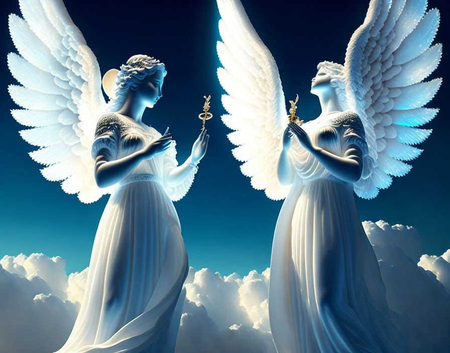 Angelic figures with white wings and robes holding ring and key against blue sky