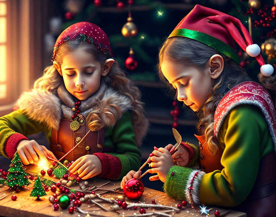 Children crafting Christmas decorations at festive table with baubles and lights.