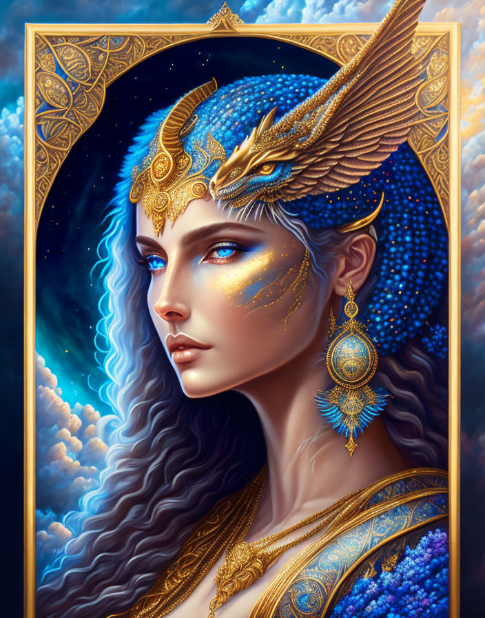 Fantasy illustration of woman with blue skin and dragon-like headpiece surrounded by celestial motifs