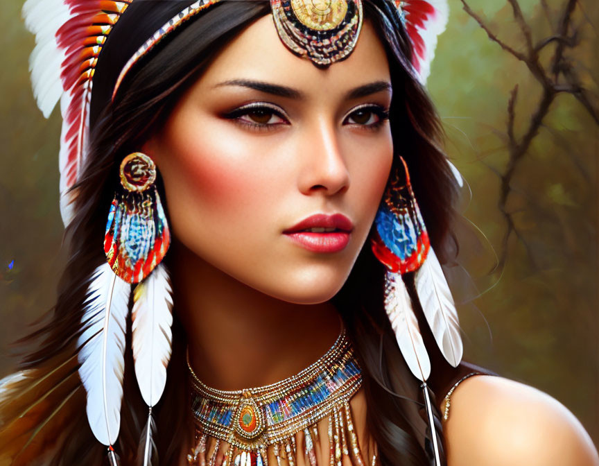 Digital artwork featuring woman with feathered headdress and beadwork