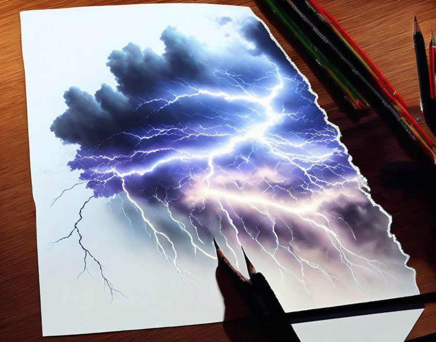 Realistic thunderstorm drawing with lightning and colored pencils scattered.