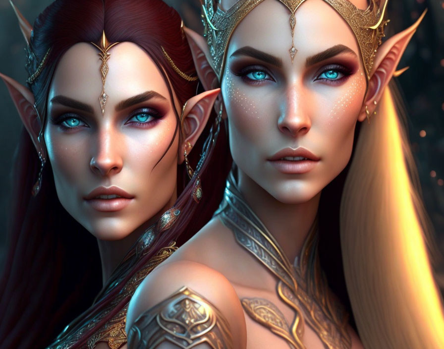 Fantasy elf women with pointed ears and gold crowns in intense gaze