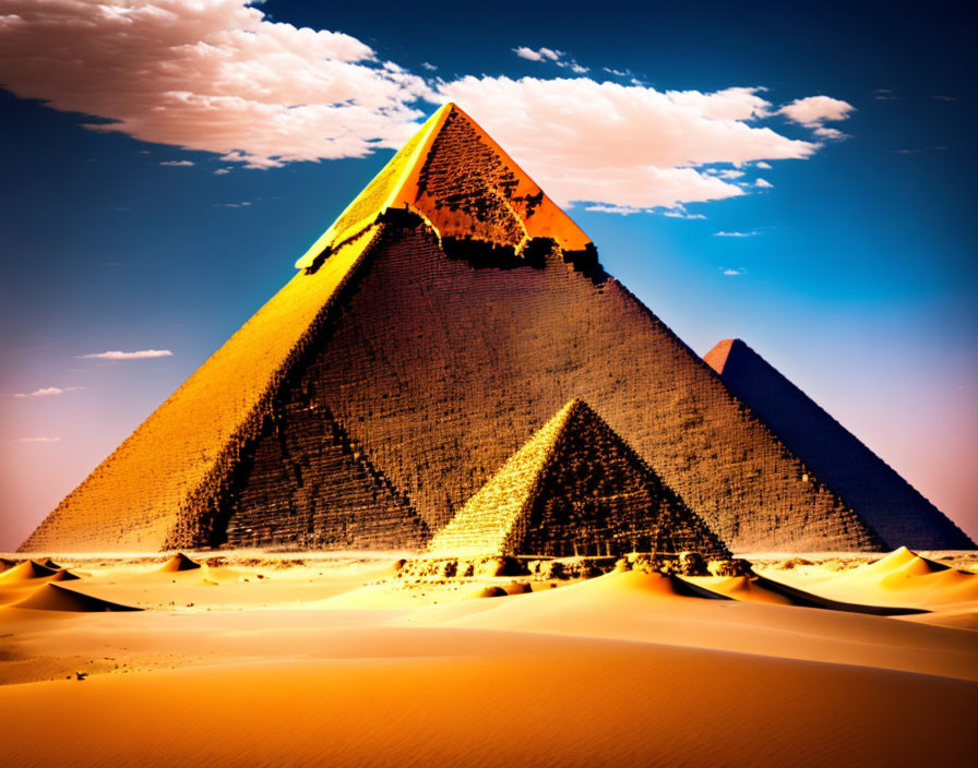 Ancient Pyramids of Giza Against Clear Sky and Desert Sands