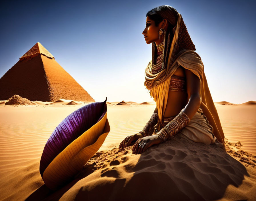 Traditional Attire Woman Sitting in Desert with Pyramid and Metallic Umbrella