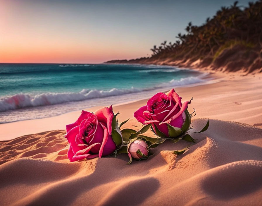 Three Pink Roses on Sandy Beach at Sunset with Waves and Palm Trees