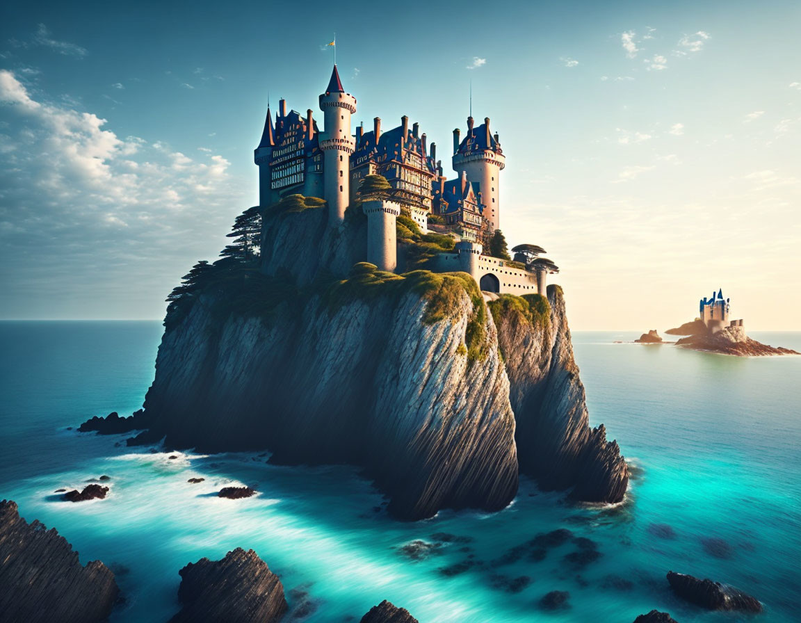 Castle on Cliff Overlooking Turquoise Sea with Smaller Castle in Distance