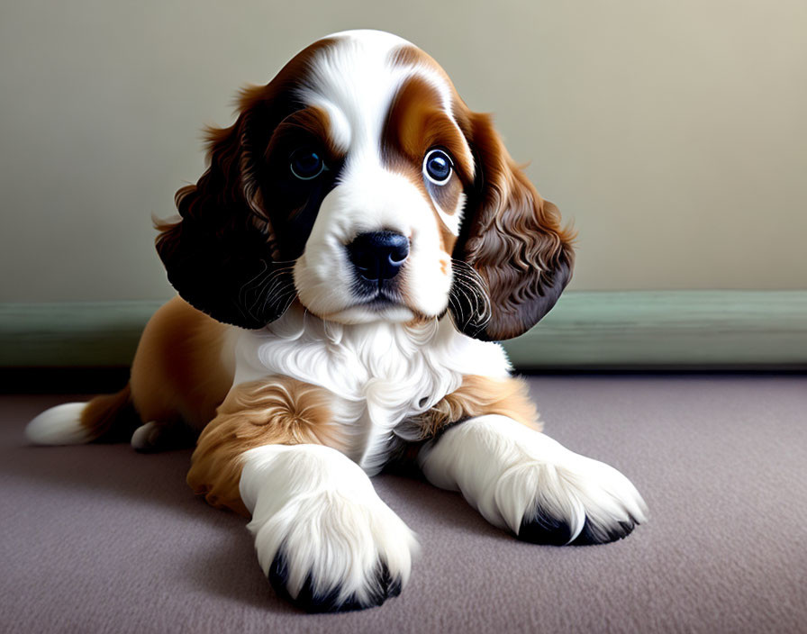 Brown and White Spaniel Puppy with Floppy Ears and Blue Eyes on Grey Carpet