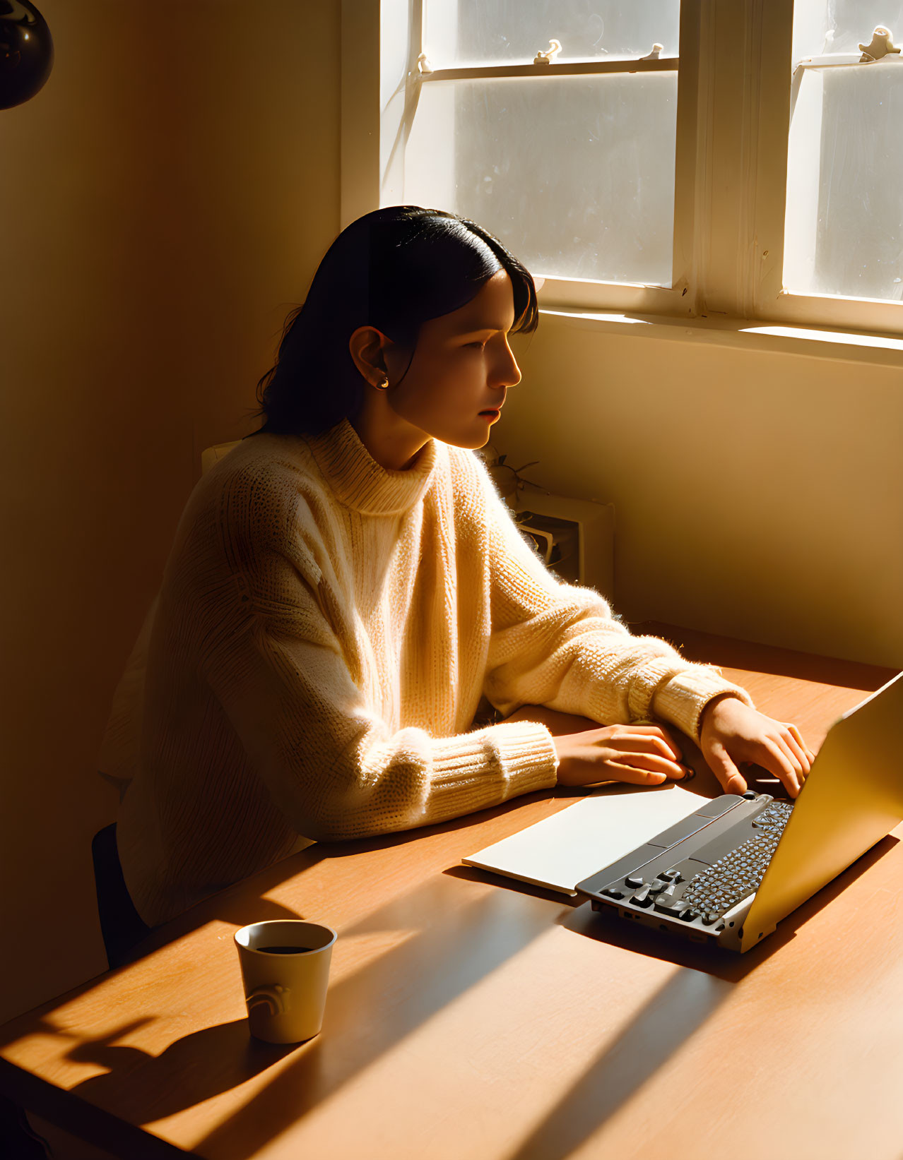 Person in white sweater works on laptop at table by window with cup and shadows