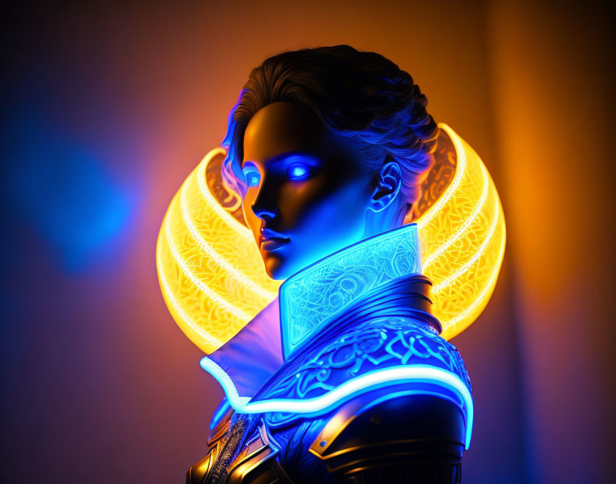 Colorful bust with neon blue and orange lighting and intricate patterns.