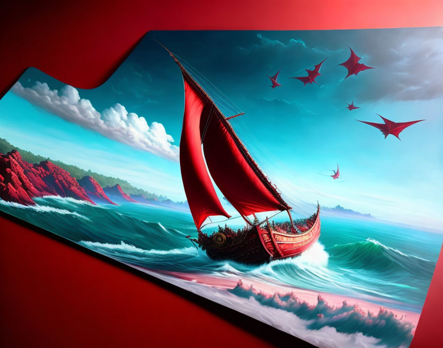 Colorful seascape with ship, red sails, kites, and coastline