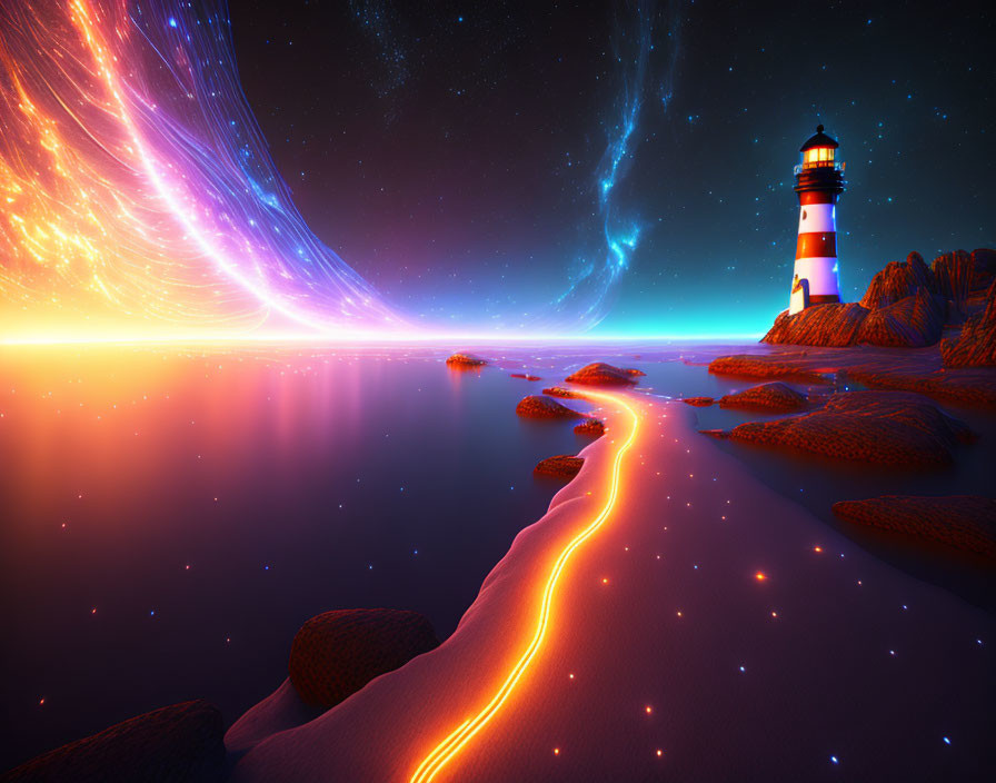 Digital artwork: Lighthouse on shore under starry sky with glowing path & celestial lights