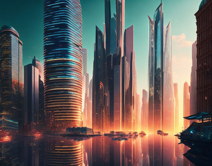 Futuristic cityscape with towering skyscrapers at sunset