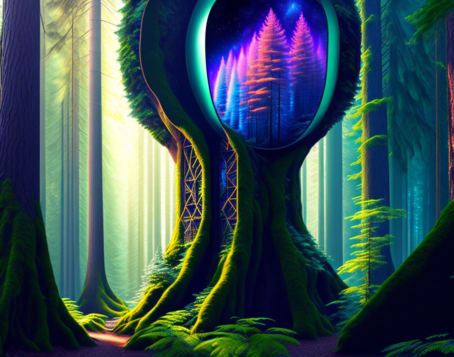 Enchanting forest scene with glowing portal and vibrant landscape