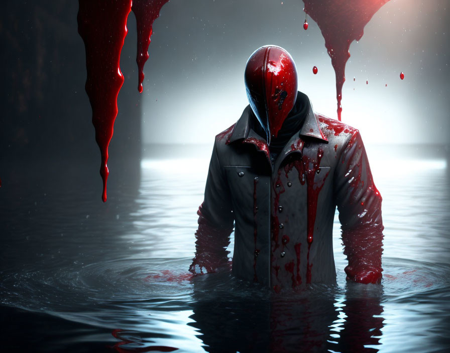 Person in Red Hood and Blood-Stained Suit Standing in Water with Dripping Blood