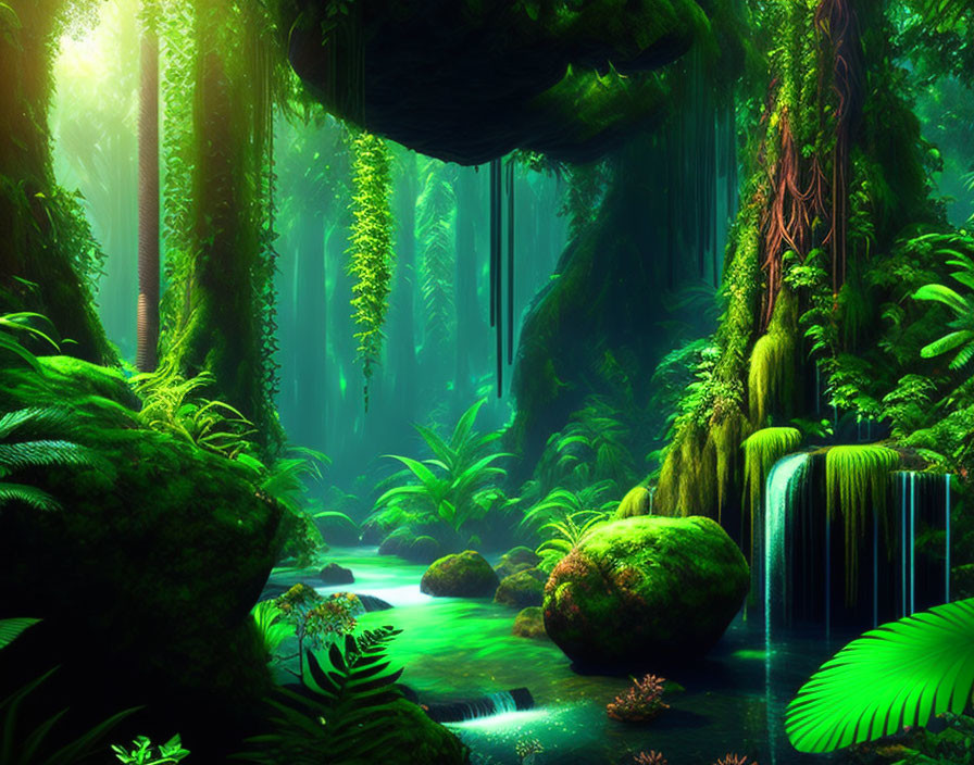 Verdant forest scene with ferns, stream, waterfall, and sunbeams