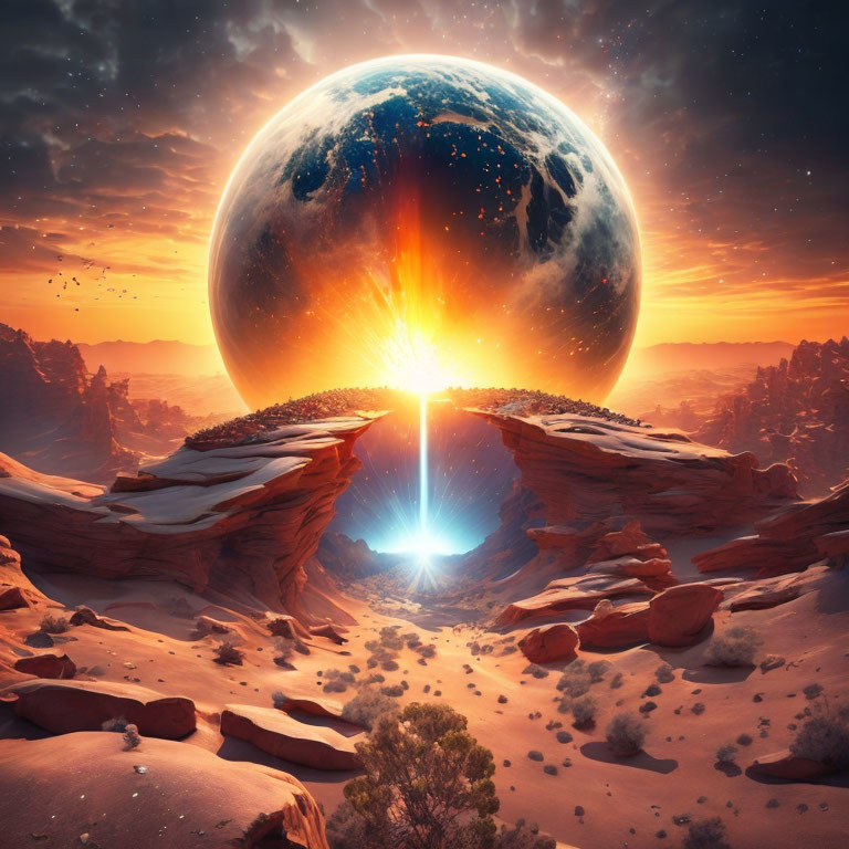 Giant planet over rocky desert with glowing sun and flying birds