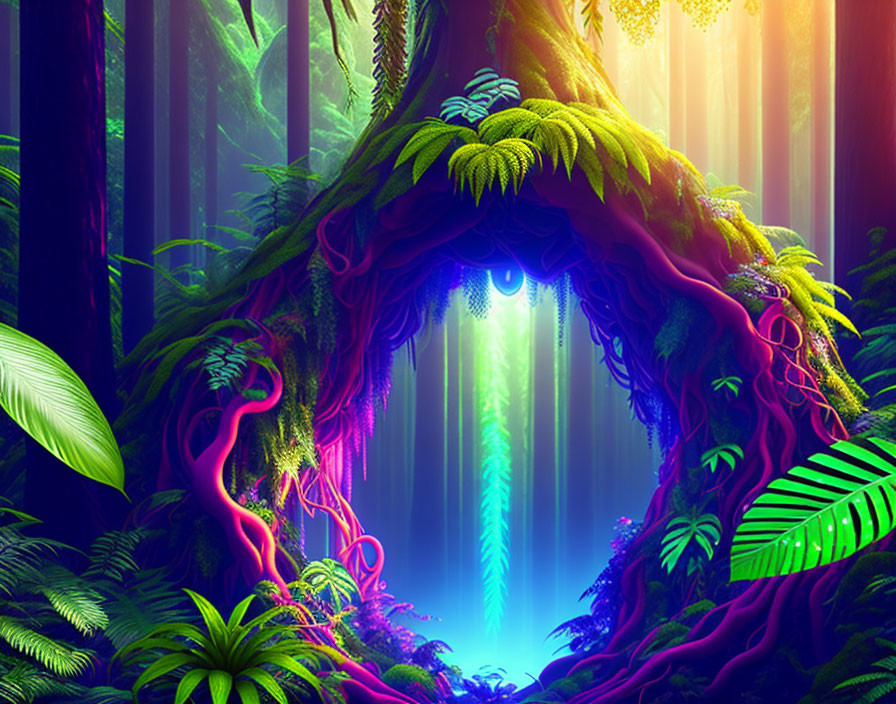 Colorful Mystical Forest Scene with Archway and Ethereal Light Beams