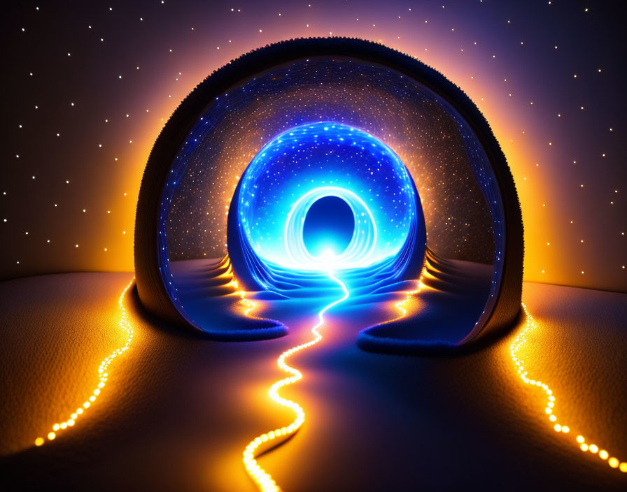 Circular Tunnel Effect with Bright Blue Swirls and Yellow Lights