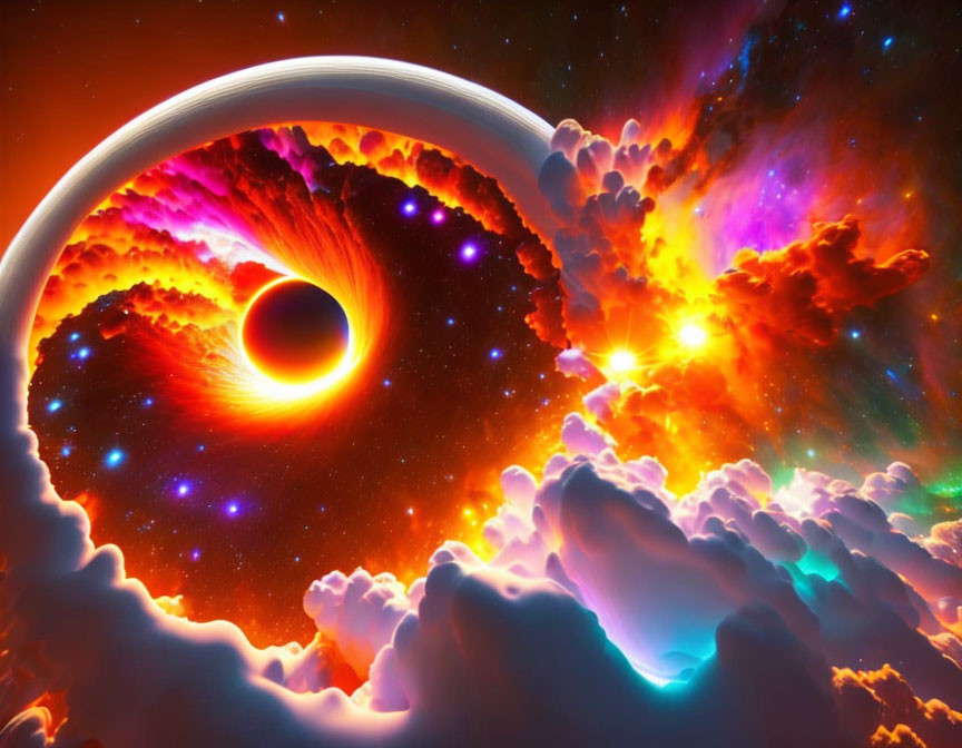 Dynamic cosmic scene featuring black hole, radiant clouds, and bright stars on golden-orange backdrop