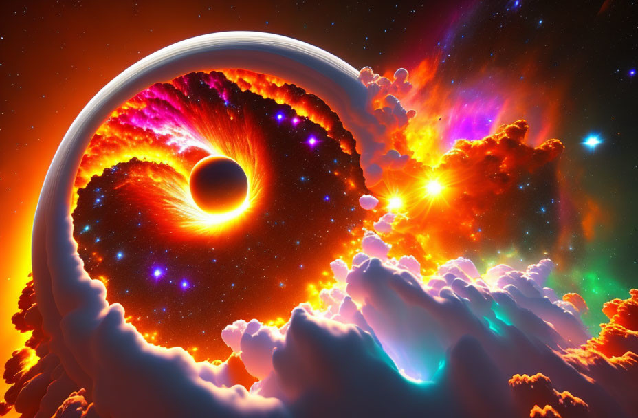 Colorful cosmic scene with black hole, stars, and vibrant clouds