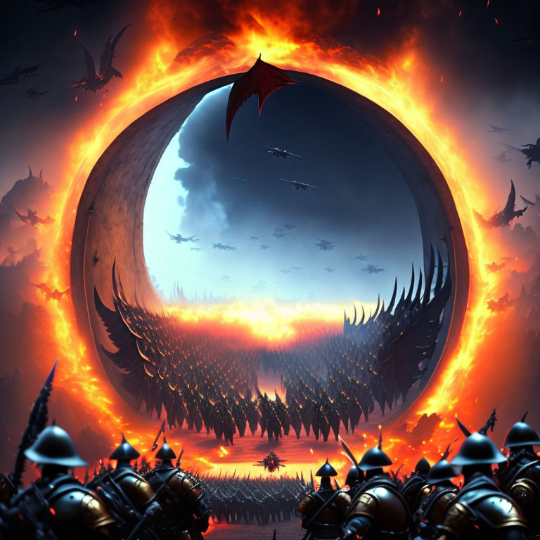 Armored warriors under fiery sky confront giant moon with circling dragons