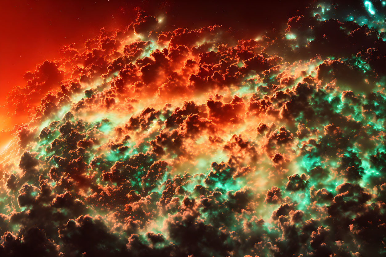 Colorful red and green cosmic clouds with scattered stars in space