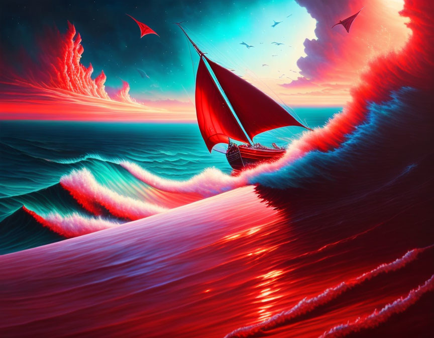 Sailboat on red waves under dramatic sky with birds and kite-like elements