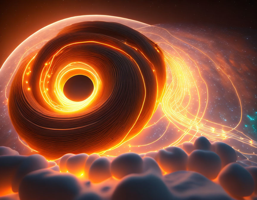 Orange Digital Art of Black Hole with Accretion Disks in Cosmic Space