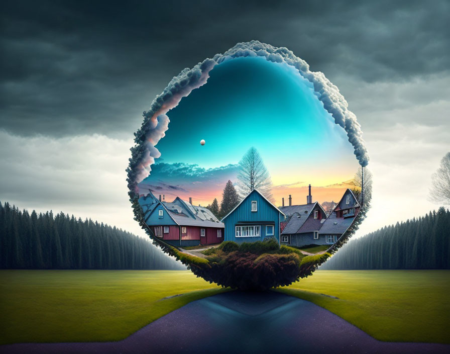 Circular floating island with houses, trees, road, and dramatic sky