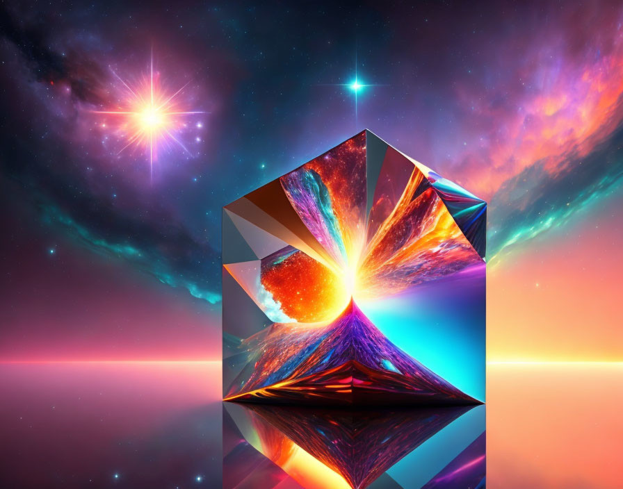 Colorful cosmic nebula and crystal pyramid with dynamic light patterns on mirrored surface