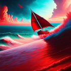 Sailboat on red waves under dramatic sky with birds and kite-like elements