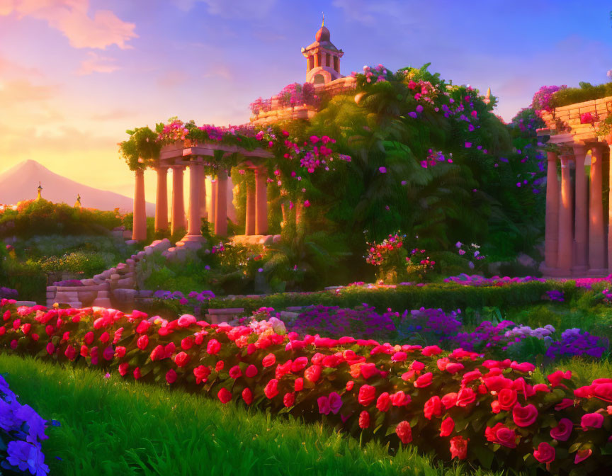 Lush garden with red and pink roses, green foliage, ancient columns, and bell tower at sunset