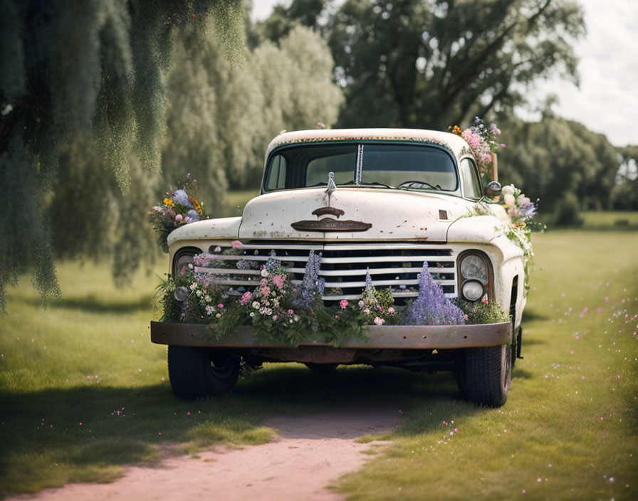 Vintage White Pickup Truck with Floral Decorations on Grass Path