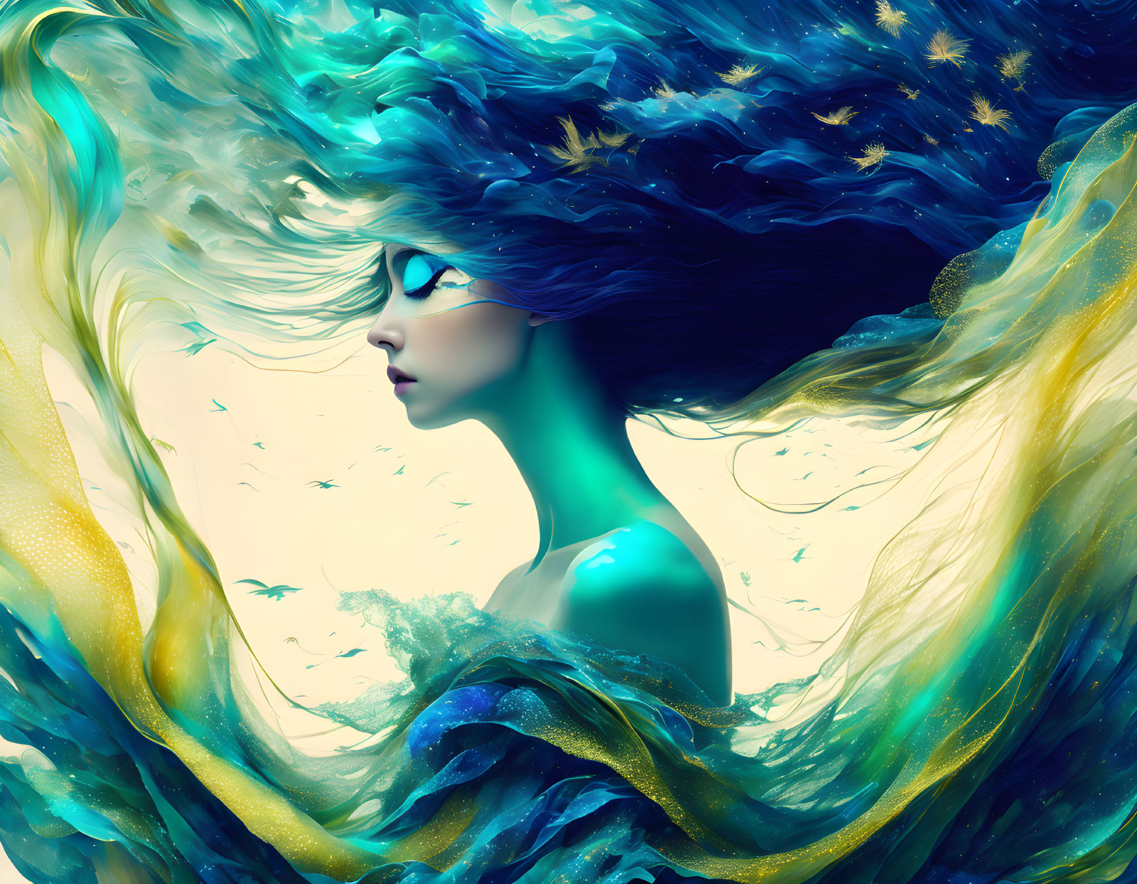 Vibrant surreal illustration of woman with blue hair and dress