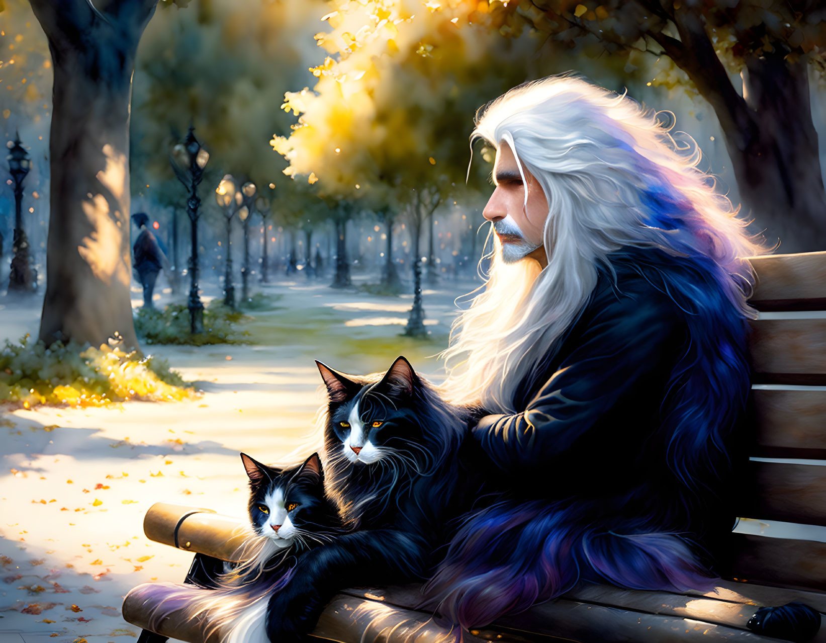 Elderly man with white hair, two cats on park bench amid autumn trees