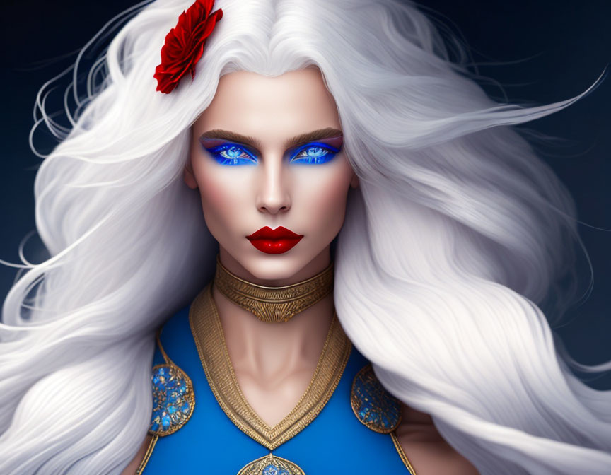 Digital illustration of woman with white hair, blue eyes, red lips, rose in hair.