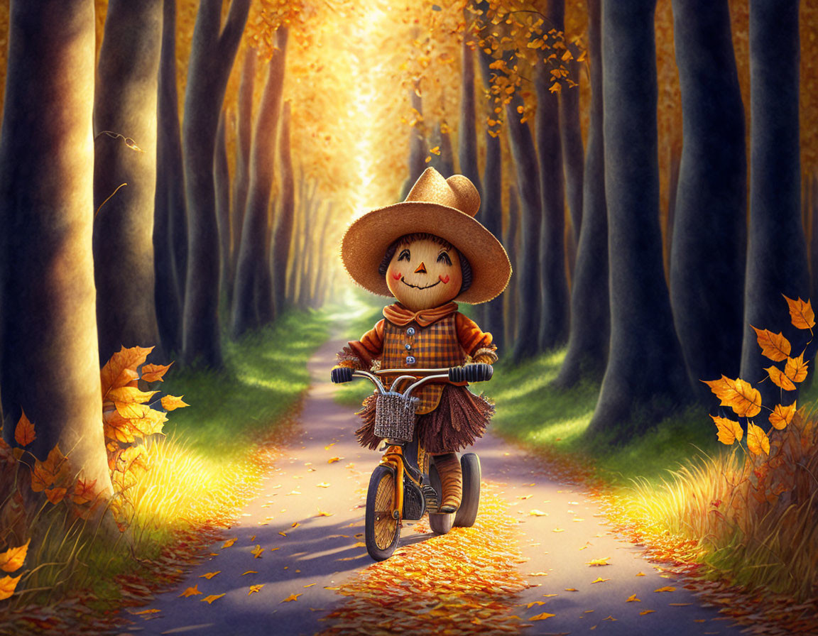 Smiling scarecrow on bicycle in autumn forest scene