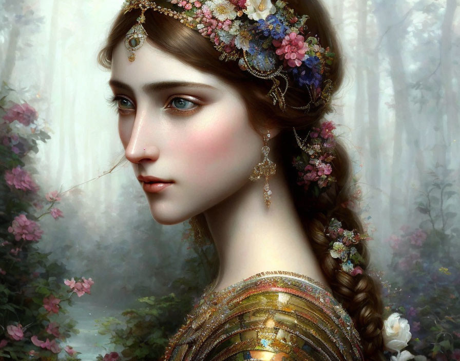 Digital painting of woman with floral crown and gold garment in flowery setting