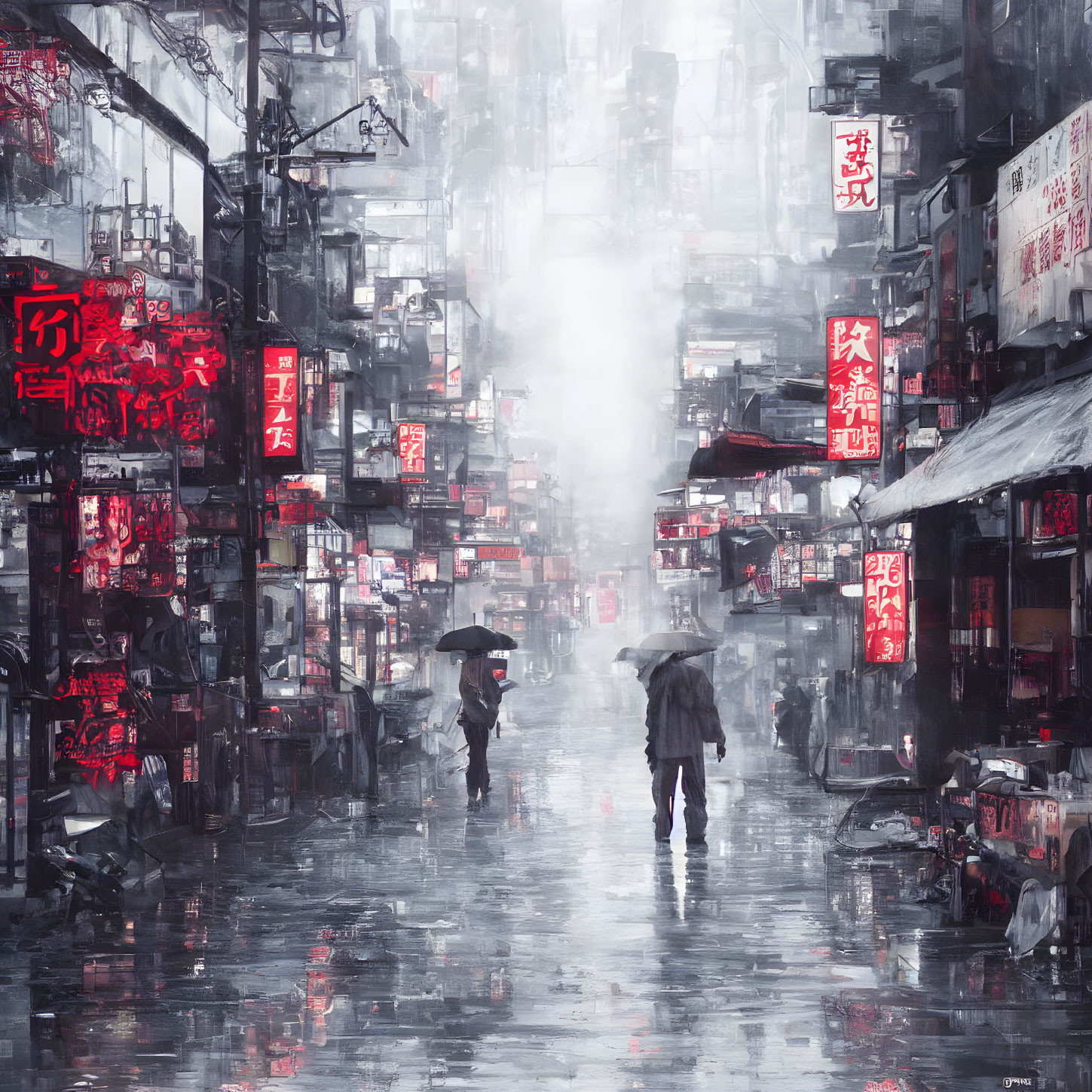 Urban street scene: pedestrians with umbrellas under neon lights in rain.