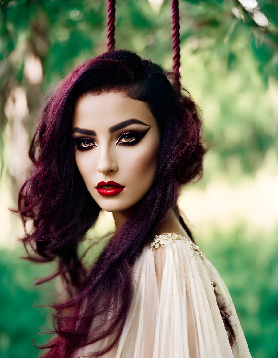 Woman with Bold Makeup and Purple Hair in Nature Setting