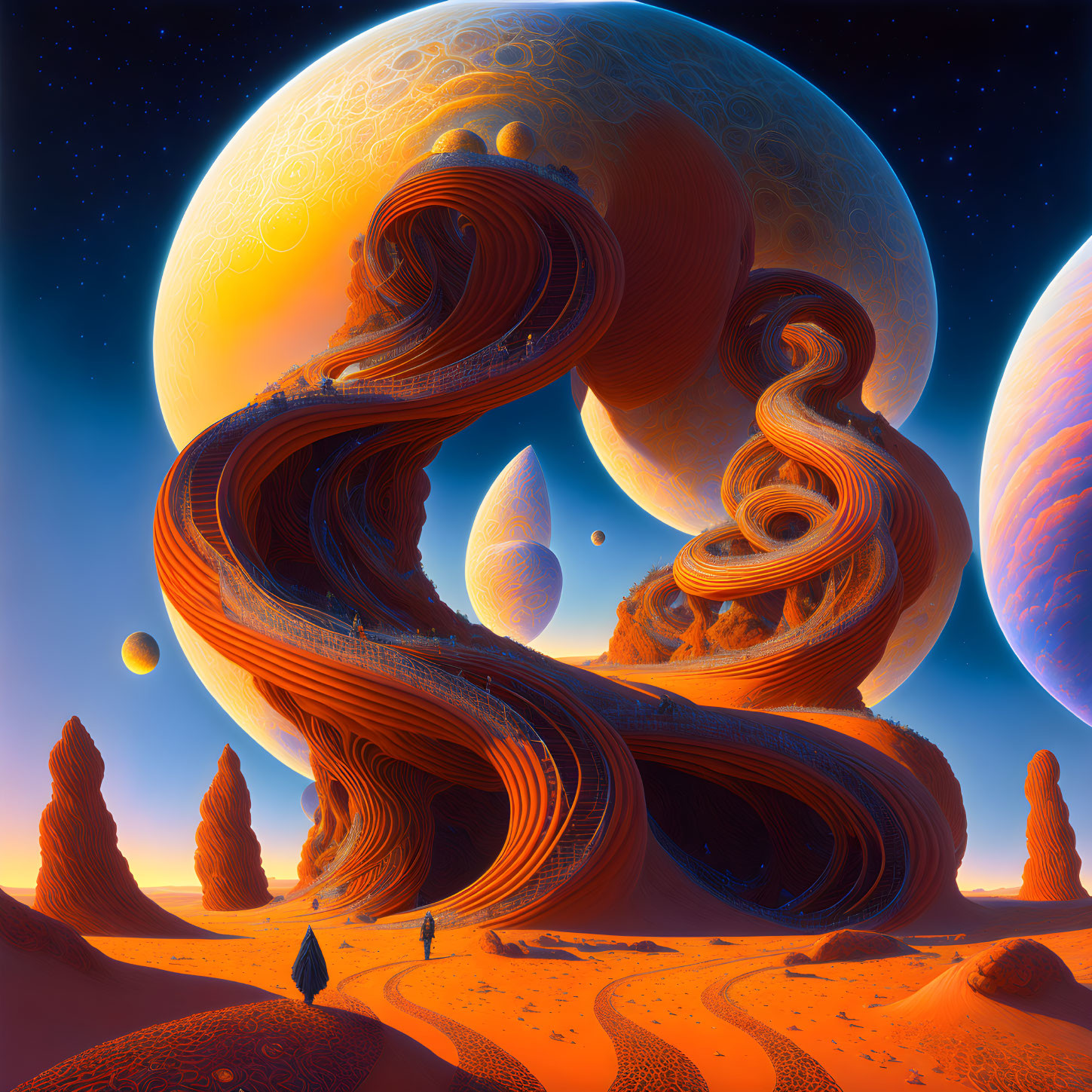 Surreal landscape with swirling structures and colossal planets in warm colors