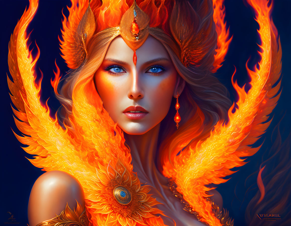 Digital art portrait of woman with fiery orange hair, blue eyes, golden crown, earrings, and surrounded