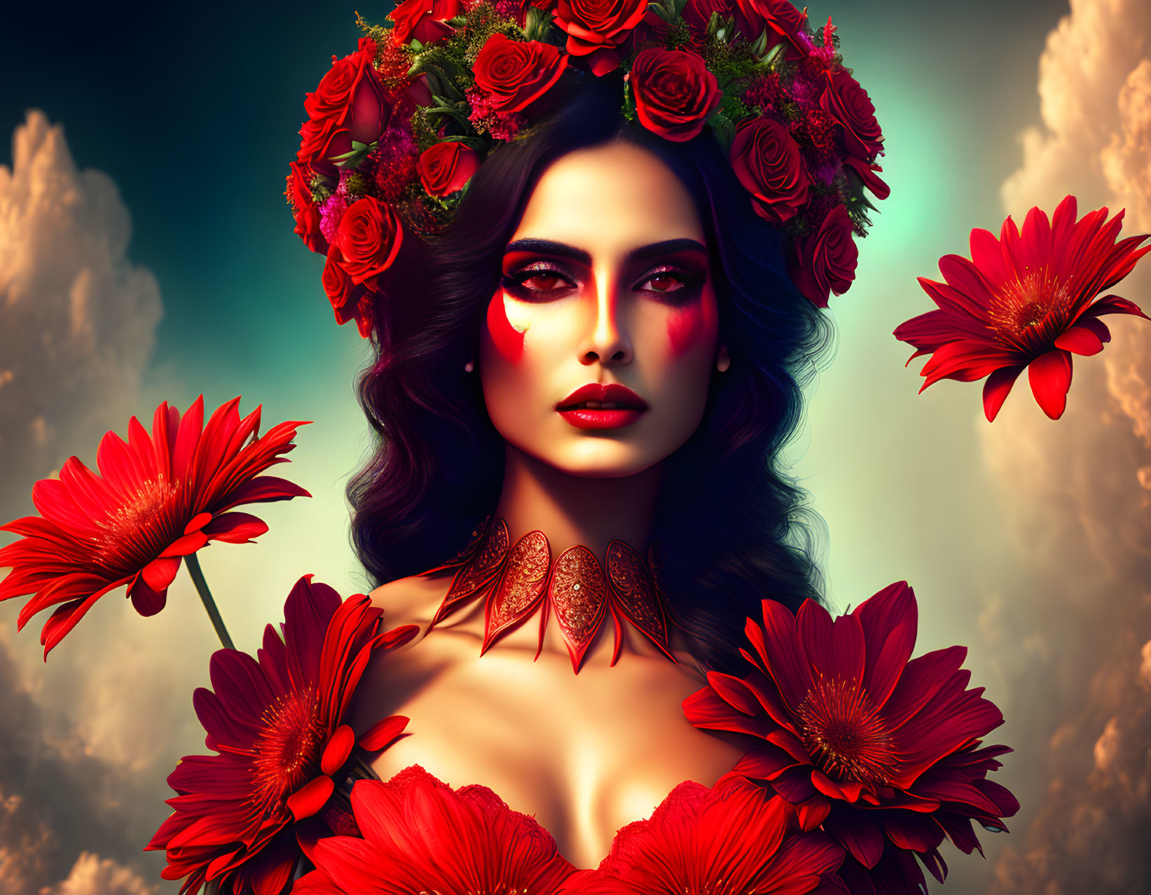 Digital artwork featuring woman with red flowers and makeup on teal backdrop