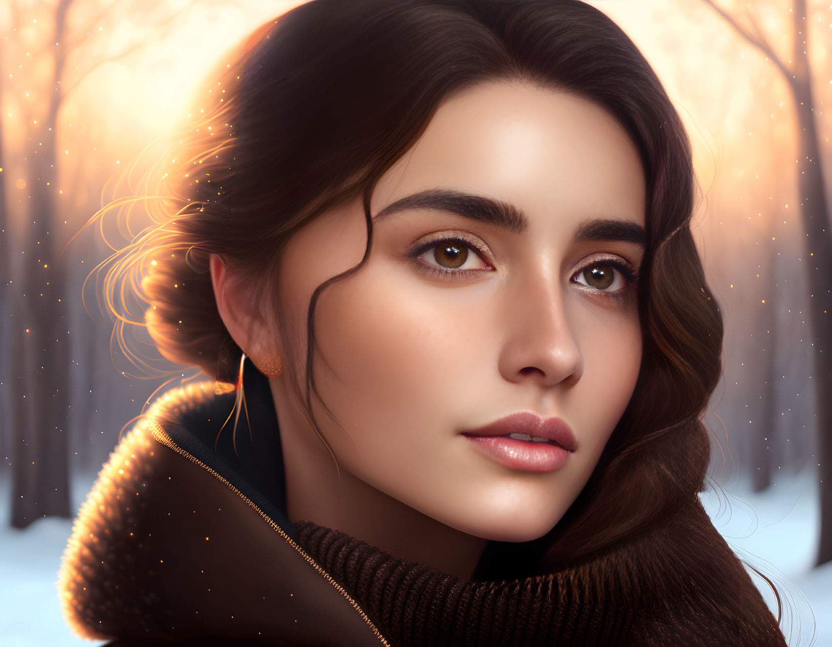 Young woman portrait with brown eyes, dark hair, black coat, against golden-lit winter trees.